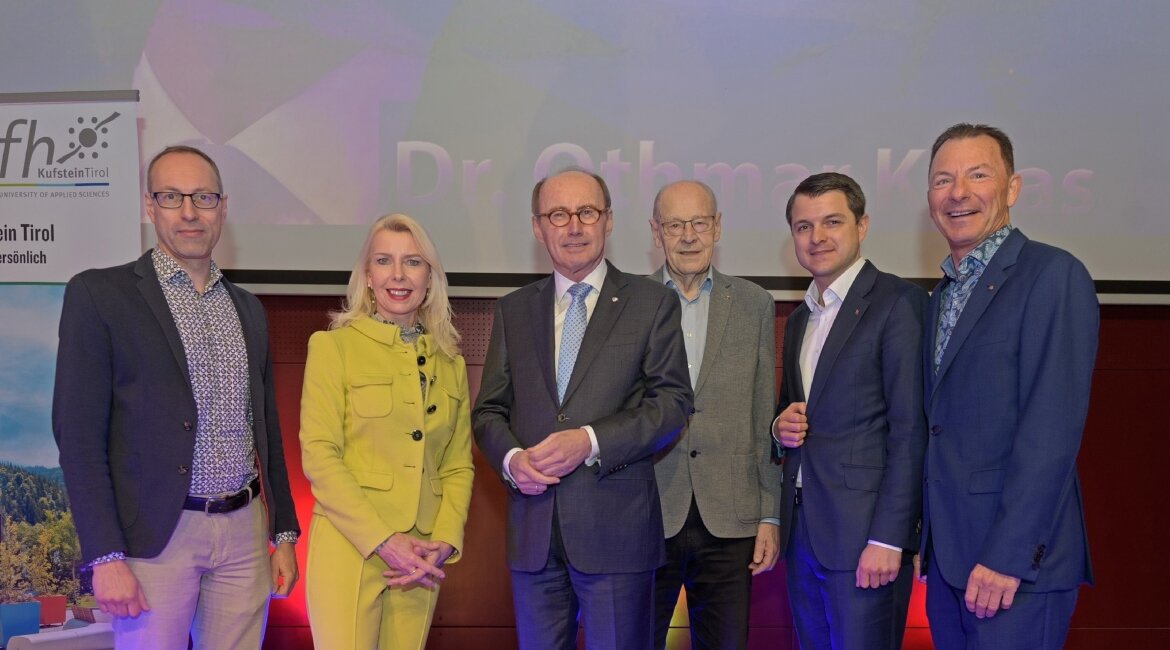 Prof. (FH) Dr. Mario Döller, Barbara Schwaighofer, Dr. Othmar Karas, Walter J. Mayr, Kurt Berek und Prof. (FH) Dr. Thomas Madritsch (v.l.n.r.).