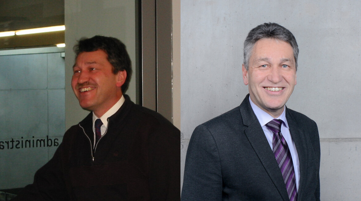 Bildcollage von Prof. (FH) Mag. Kurt Hoffmann in jungen Jahren (linke Bildhälfte) und ein aktuelles Bild von ihm (rechte Bildhälfte). 