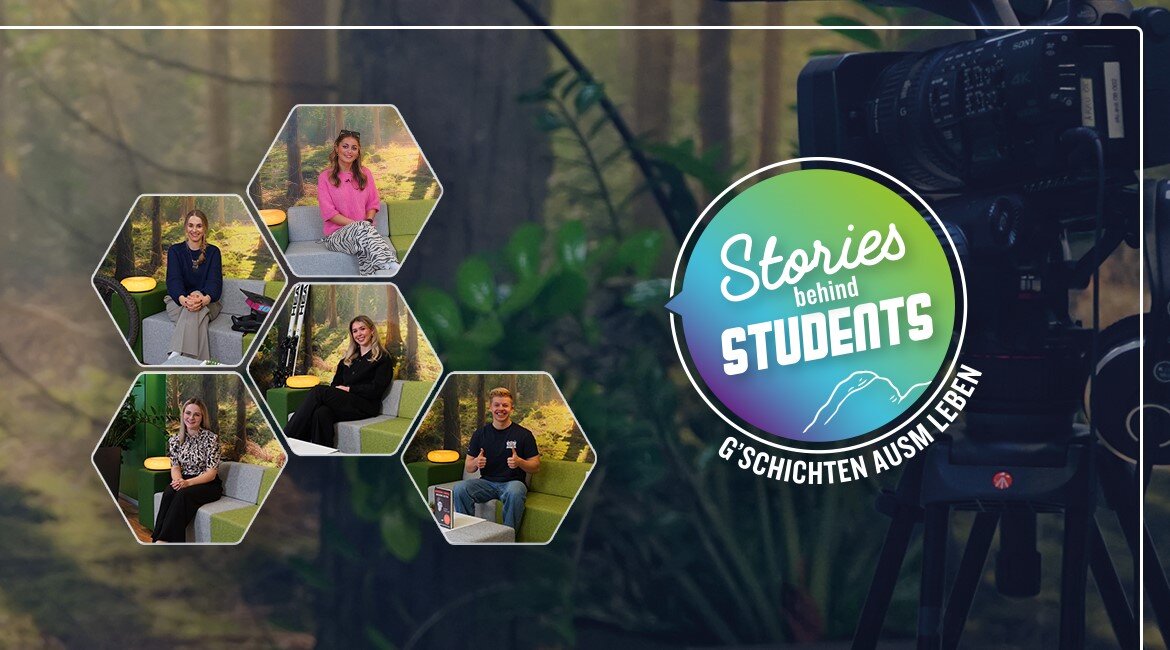 Kollage aller Teilnehmenden des Videoformats Stories behind Students zum Staffelfinale. Die Personen sind in einzelnen Hexagonen arrangiert, die wie eine kreative Montage wirken.