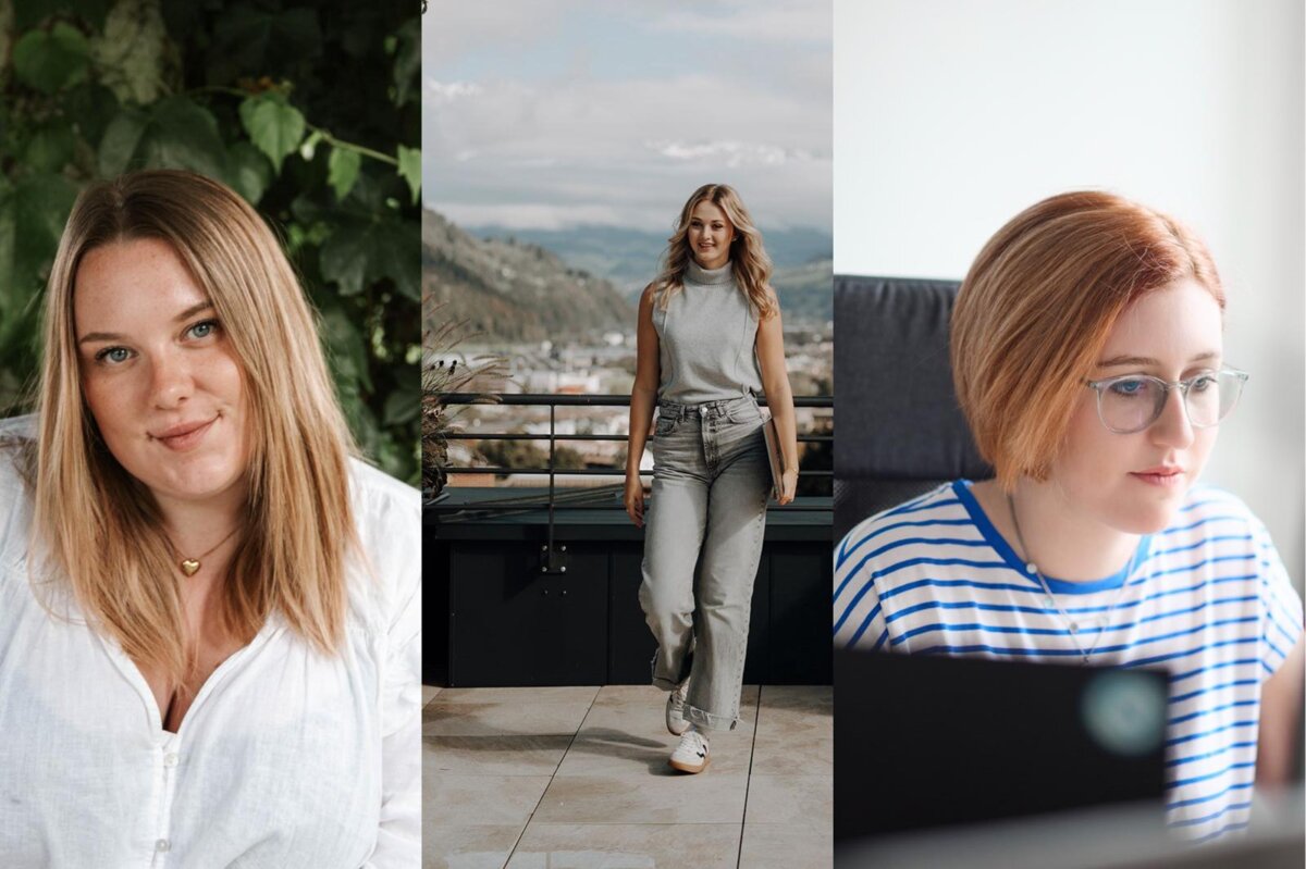 Drei junge Frauen in unterschiedlichen Alltagssituationen: Porträt im Grünen, Spaziergang auf einer Terrasse mit Bergkulisse und konzentriertes Arbeiten am Laptop