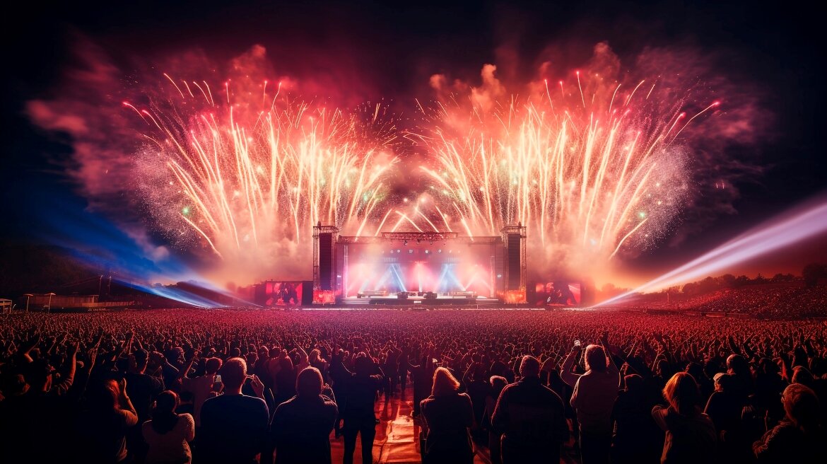 Eine riesige Menschenmenge steht vor einer beleuchteten Festivalbühne bei Nacht. Über der Bühne explodieren spektakuläre Feuerwerkskörper in Rot- und Orangetönen, während starke Lichtstrahlen über die Menge ziehen.