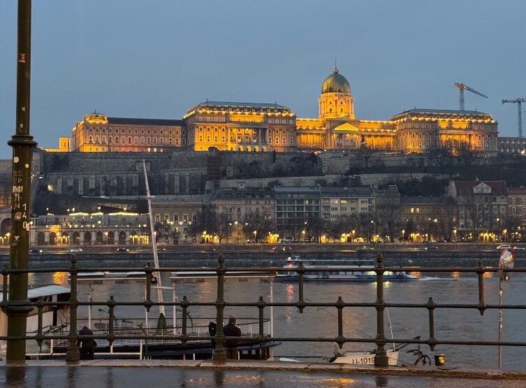 Abendansicht des beleuchteten Burgpalasts, gesehen über die Donau.