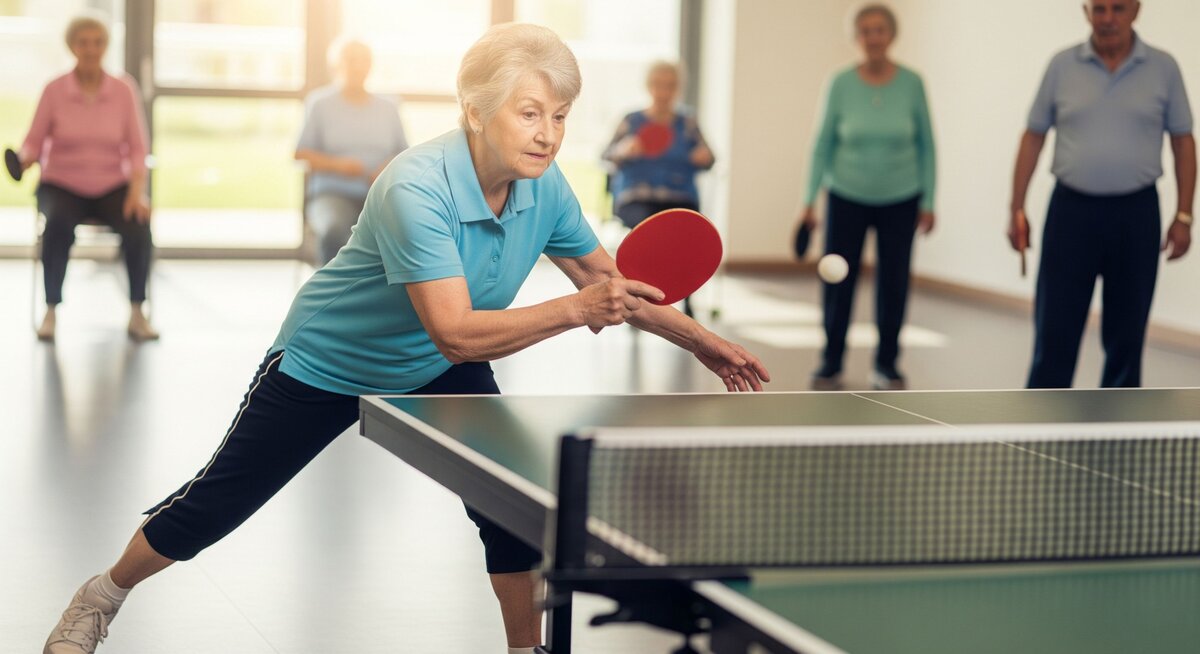 Eine ältere Dame steht mit gebeugten Knien mit einem Tischtennis-Schläger vor einer Spielplatte.
