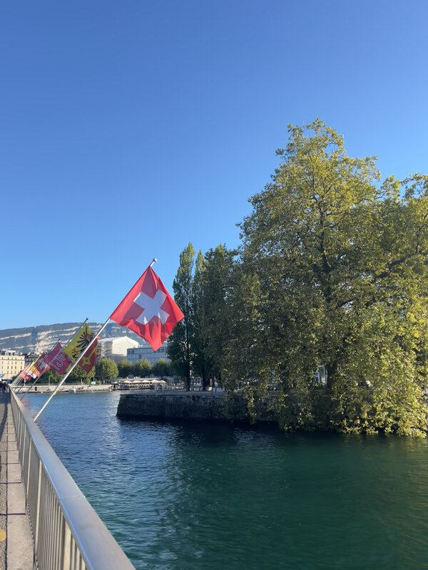 Impressionen von HOK-Studentin Elena Brandl: Eine Brücke in Genf mit einer im Wind wehenden Schweizer Fahne.