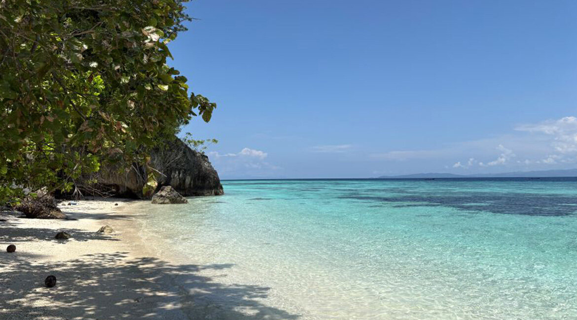 Ein malerischer, tropischer Sandstrand in Indonesien mit Türkisblauem Meer und Palmen ohne Personen.