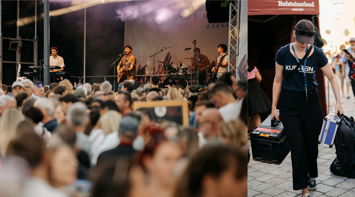 Bildcollage mit Lisa Hagleitner und Impressionen des Festivals KUFSTEIN unlimited.