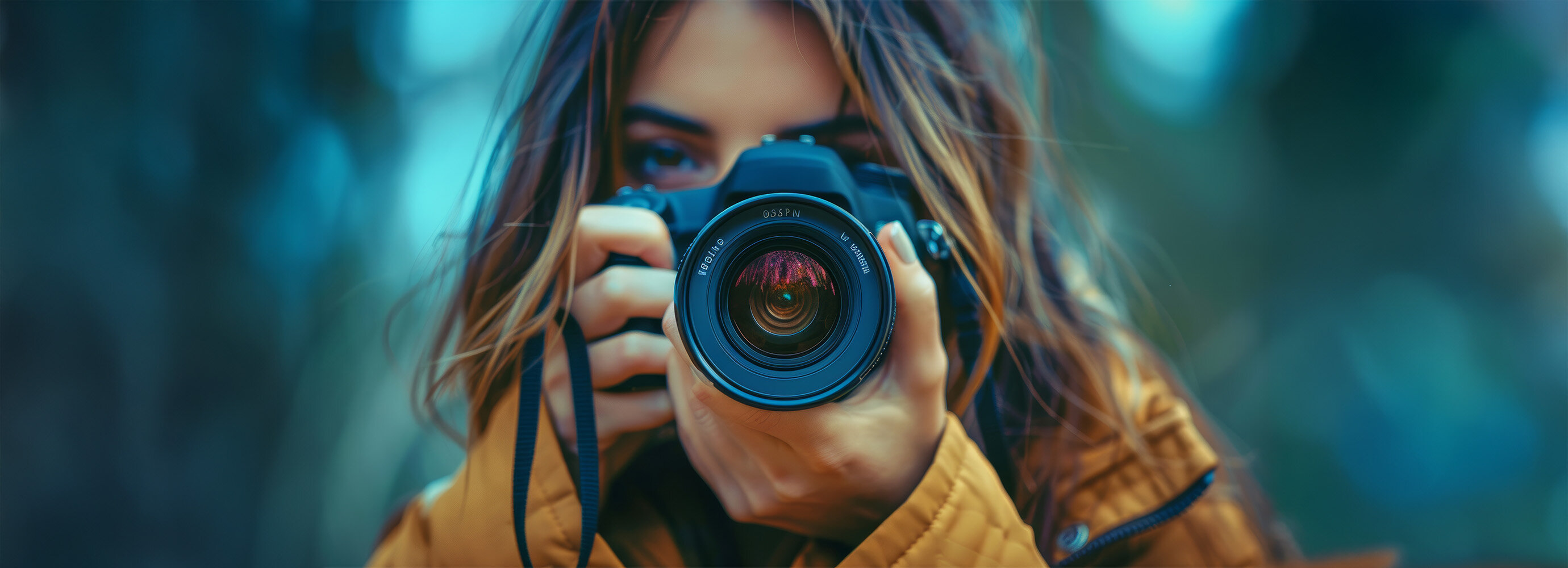 Frau hält Kamera im Anschlag und fotografiert im Freien. KI-generiert.